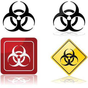 Icon set showing a biohazard sign in four different styles