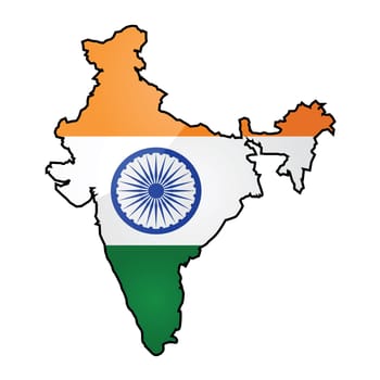 Glossy illustration showing the flag of India overlapped on top of the country's map