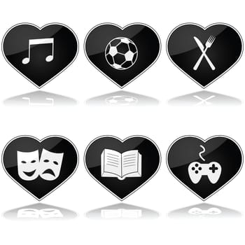 Concept illustration showing a set of hearts with different hobby interests inside them