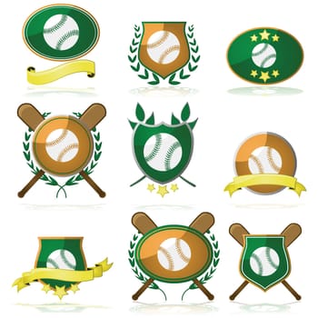 Set of shields and badges showing a baseball and other elements