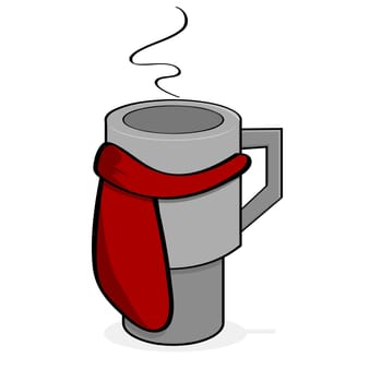 Cartoon illustration showing a travel mug with hot beverage inside and a small scarf tied around it