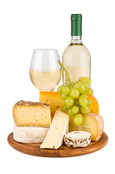 Different types of cheese with white wine on board