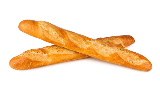 2 french baguettes on white background