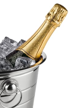 Bottle of champagne in the cooler.