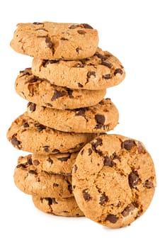 Stack of chocolate cookies against white background.