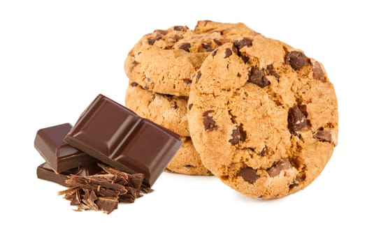 Stack of chocolate and cookies against white background.