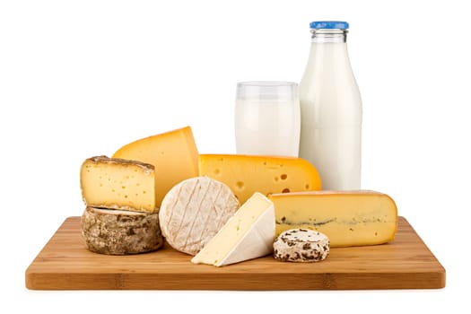 Different types of cheese with milk on board