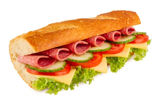 Salami sandwich against white background