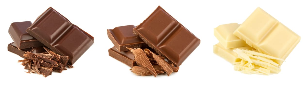 Stack of white,milk and delicate dark chocolate