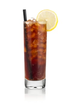Glass of Coke in front of a white background