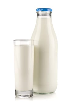 Milk bottle with glass against white background