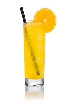Glass of orange lemonade against white background