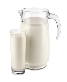 Milk jug with glass against white background