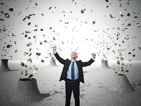 happy businessman and coin come from volcano