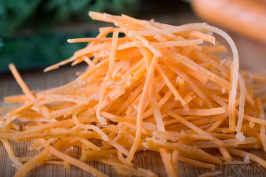 Close up of finely shredded carrots.