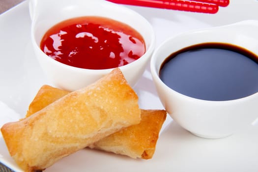 Freshly prepared asian spring rolls appetizer.