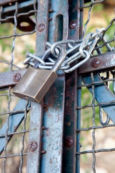 Metal padlock and chain on metal gate.