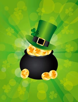 St Patricks Day Irish Leprechaun Hat with Shamrock Leaf on Pot of Gold Coins Illustration on Green Background