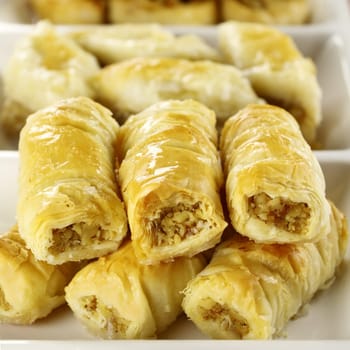 Deliciously sweet  fresh baked baklava ready to serve.