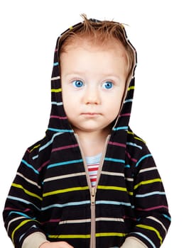 Studio portrait of a serious one year old baby boy.