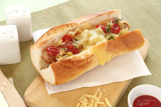 Hot dog with melted cheddar cheese with onion and ketchup.