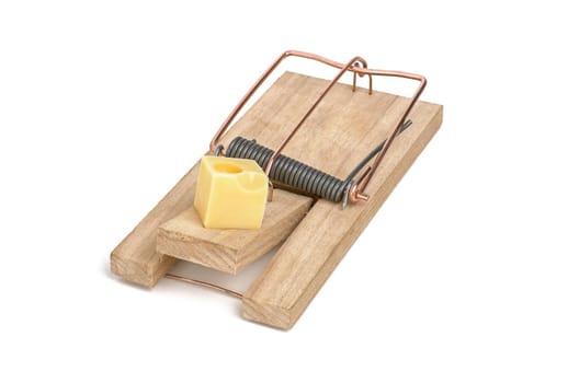 Tensioned mousetrap with a cheese cube as bait