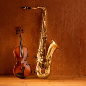 Classic music Sax tenor saxophone violin  in vintage wood background