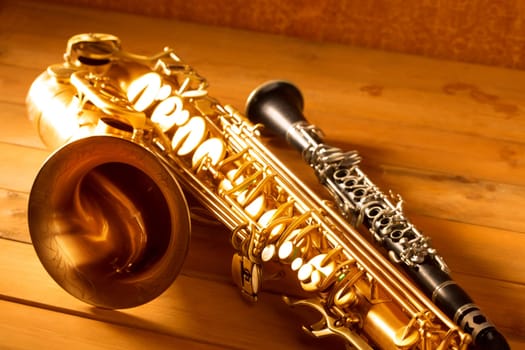Classic music Sax tenor saxophone and clarinet in vintage wood background