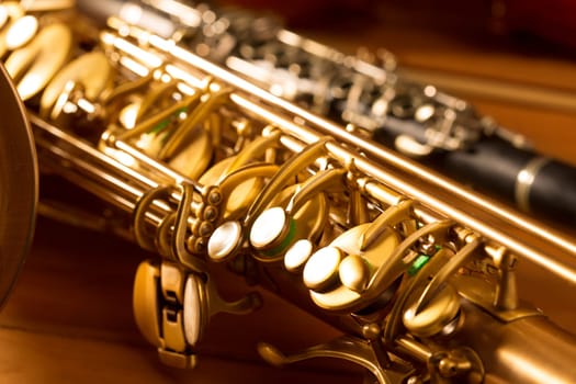 Classic music Sax tenor saxophone  and clarinet in vintage wood background