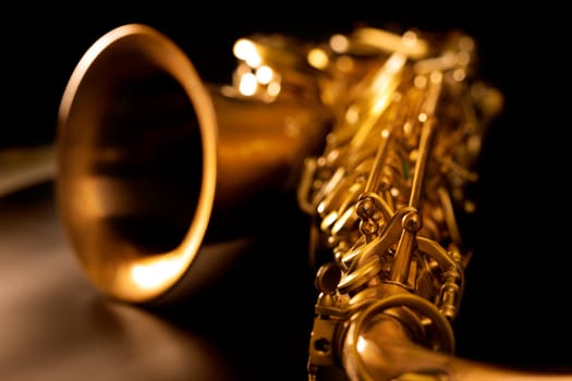 Tenor sax golden saxophone macro with selective focus on black