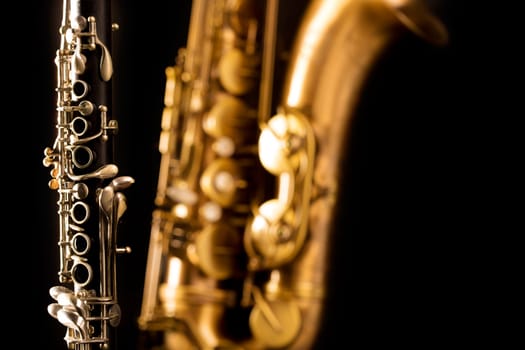 Classic music Sax tenor saxophone and clarinet in black background