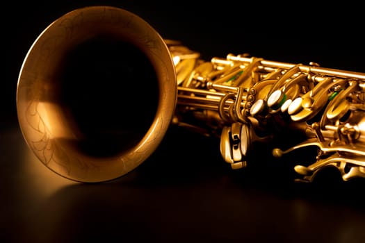 Tenor sax golden saxophone macro with selective focus on black