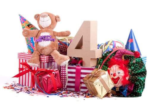 Number of age in a colorful studio setting with a red heart and gifts and tulips