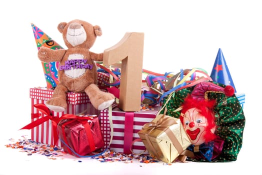Number of age in a colorful studio setting with a red heart and gifts and tulips