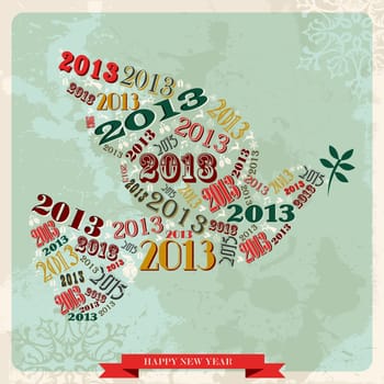 Vintage Happy New year 2013 concept numbers and xmas elements dove of peace. Vector illustration layered for easy manipulation and custom coloring.
