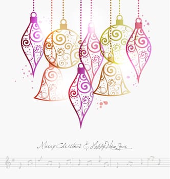 Contemporary Merry Christmas baubles and music note background. EPS10 illustration with transparencies layered for easy manipulation and custom coloring.