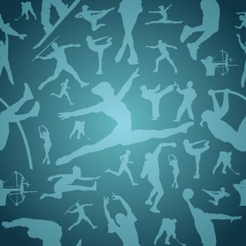 Sports figure silhouettes in action blue seamless pattern background. Vector file layered for easy manipulation and customisation.