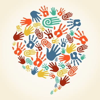 Diversity multi-ethnic hand prints in social speech bubble shape. Vector file layered for easy manipulation and custom coloring.