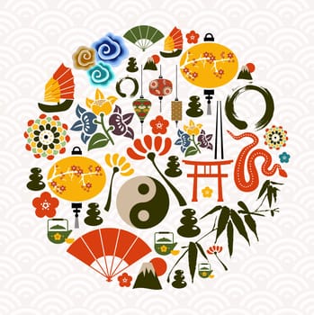 Chinese New Year of the Snake icon set globe composition. Vector illustration layered for easy manipulation and custom coloring.