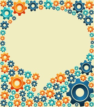 Social speech bubble shape over gear connection background. Vector file layered for easy manipulation and custom coloring.
