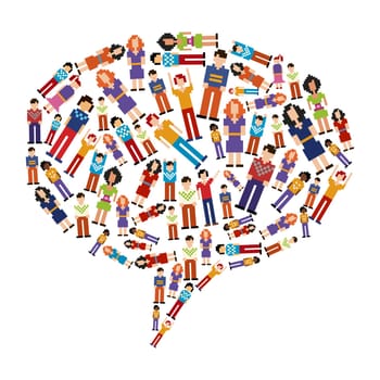 Isolated IT diversity pixel people in social speech bubble illustration. Vector file layered for easy manipulation and custom coloring.