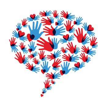 Diversity hand prints and hearts in speech bubble. Vector file layered for easy manipulation and custom coloring.