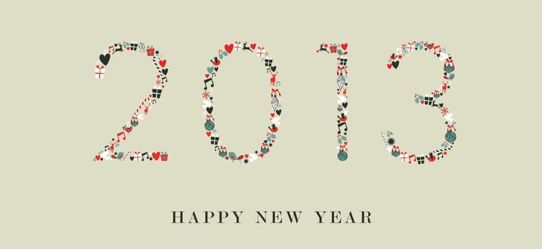 Christmas decorations icons in 2013 happy new year postcard background. Vector illustration layered for easy manipulation and custom coloring.