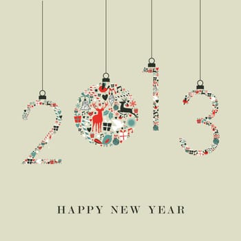 Christmas decorations icons in 2013 happy new year hanging numbers. Vector illustration layered for easy manipulation and custom coloring.