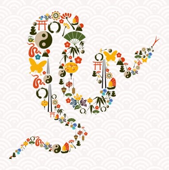 Chinese New Year of the Snake icon set composition background. Vector illustration layered for easy manipulation and custom coloring.