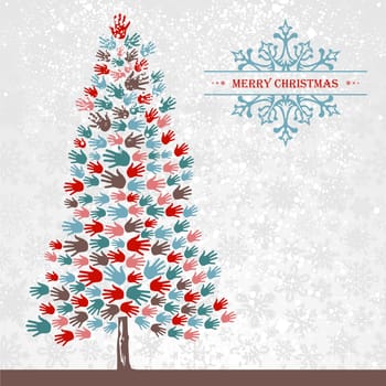 Diversity Christmas Tree hands background for greeting card. Vector illustration layered for easy manipulation and custom coloring.