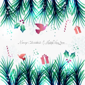 Contemporary Merry Christmas snowflakes and pine tree transparency background. EPS10 illustration with transparencies layered for easy manipulation and custom coloring.