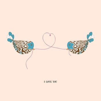 Valentine day couple birds love greeting card. Vector illustration layered for easy manipulation and custom coloring.