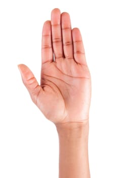 African American woman hand up, isolated on white background