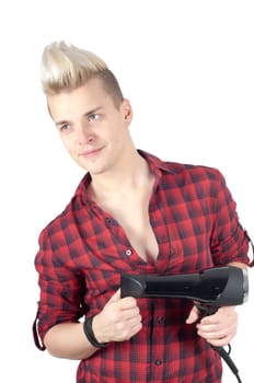 Portrait of handsome man in red with hairdryer in studio isolated on white